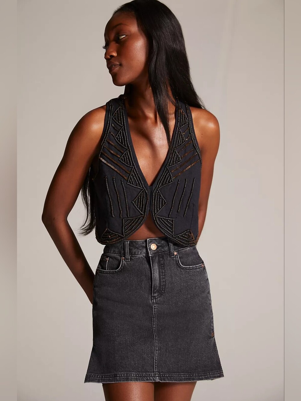 Anthropologie Pilcro Denim Side Pleat Mini Skirt Dark Wash Sz 6 Y2K Boho Western - Picture 2 of 10